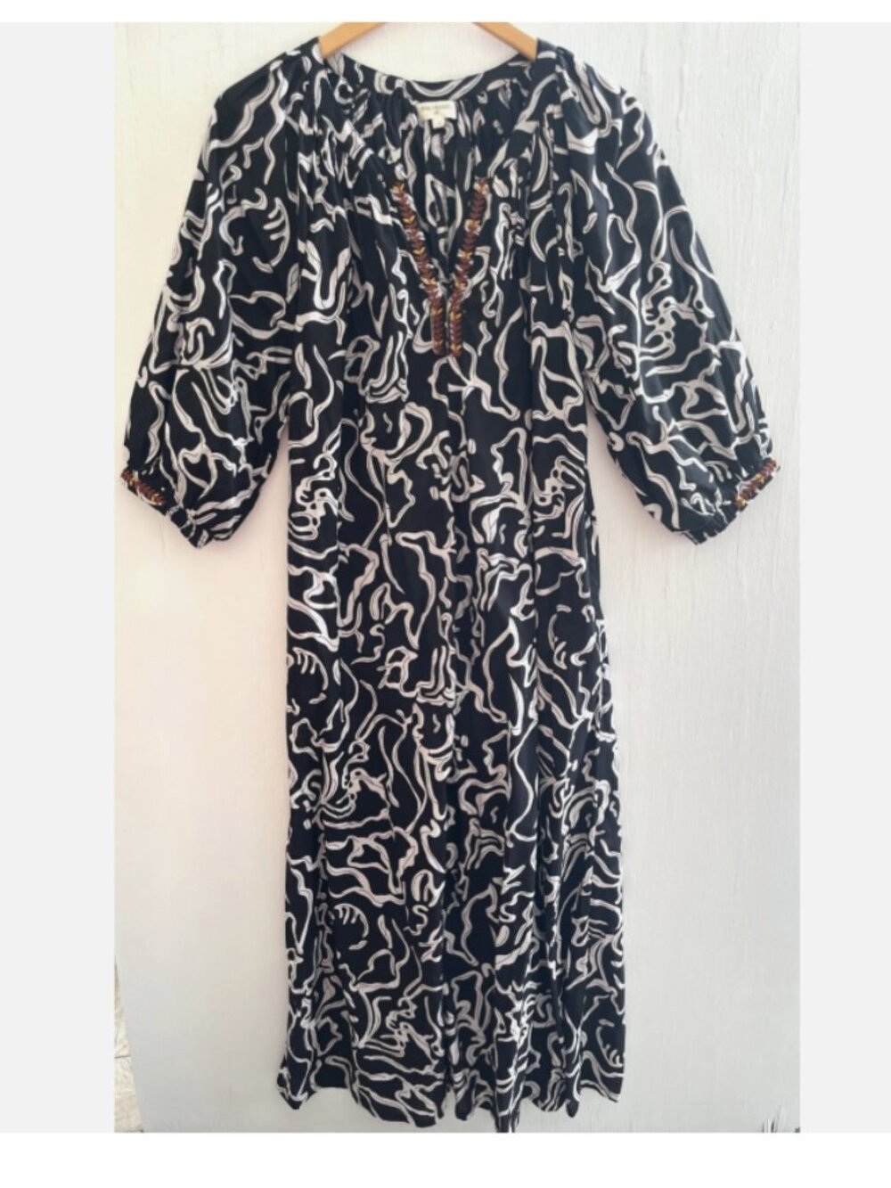 WORLD MARKET Leila Black & White Abstract Kaftan Maxi Dress Embroidered L/XL